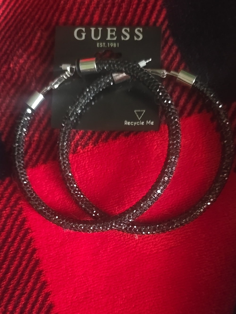 GUESS Black Crystal Hoop Earrings with Silver Accents